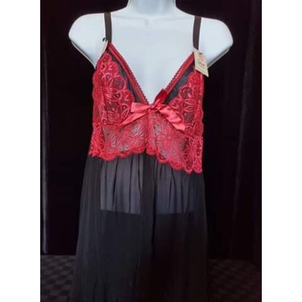 NWT Spree Intimates Black & Red Floral Lace Babydoll, XL - Style #10/BK/RD